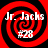Four identical red and black spiral patterns with white text 'Jr. Jaxs' and '#28' overlaid on each.