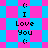 Pixelated icon with blue and pink diamond-patterned background displaying 'I Love You' text and ':)' emoticons in black pixel font.