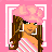 Pixel art buddy icon featuring a cartoon woman with long brown hair wearing pink and white striped clothing, set against a solid pink background with a white frame border, next to text reading "Pretties in pink!" in pixelated pink font.
