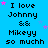 Blue background with repeated text "I love Johnny & Mikeyy so muchh" in black pixelated font, scattered pink and light blue stars.