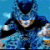 A blue-toned animated character with a hooded cloak and dark triangular headpiece, set against a light blue background with faint cloud shapes.