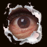 A pixelated eye peers through a torn paper hole in three showing the eye opening, closing, and reopening