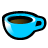 Pixelated blue cup with black outline, brown liquid inside, white highlight on left side, and small dark handle on right.