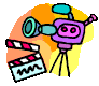 Animated sequence of a cartoon film camera and clapperboard on a gradient background, showing subtle frame-by-frame changes in the clapperboard's position.