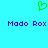 Green pixelated heart symbol above blue text reading 'Mado Rox' on cyan background.