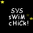 Black background with white text 'SYS sWiM cHiCk!' and yellow/gold stars in a pattern, some stars animated to move across the frame