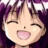 Pixelated anime-style character with purple hair and white flower accessories smiling widely with closed eyes and open mouth.