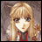 Pixelated anime-style character with long blonde hair and blue eyes, wearing red and gray clothing, positioned next to black background with white text.