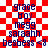 Red and white checkered background with repeated text in blue pixelated font across two