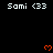 Static display of 'Sami <33' text repeated across a black background with orange pixelated hearts floating upward.