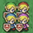 Four pixelated character portraits arranged in a 2x2 grid on green background, each with yellow hair and blue eyes holding colored shields.