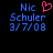 Blue pixelated text 'Nic Schuler 3/7/08' on black background with red heart symbol above 'Nic' in left view, identical without heart in right view.