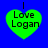 Four green heart-shaped icons with black text "Love Logan" and a vertical line above each, displayed on a blue background.