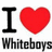 Black capital 'I' and red heart symbol above gray text reading 'Whiteboys' on white background.