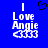Blue background with white text "I Love Angie" and three small icons below, featuring a black pixelated heart above the left side of the text.
