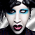 Pixelated close-up of a person with pale skin, dark hair, and blue eyeshadow in a static image.