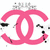 Pixelated pink double-C logo with white negative space, surrounded by scattered black and gray pixel clusters on a white background.