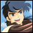 Pixelated anime-style character with blue hair and brown clothing against a blue sky background, next to black with white text