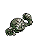 Pixelated green creature with white spots, raised arm, and closed eyes on gray background.