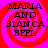 Four identical square arranged in a , each displaying bold black text over a red and pink spiral background