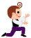 Pixelated character with brown hair and lollipop on head, wearing white shirt and purple pants in dynamic pose against gray background.