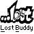 Black and white pixelated graphic with stylized text 'Lost' above 'Lost Buddy' on gray background.