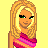 Pixel art of a blonde woman in pink and purple striped top with green eyes, next to partial body views showing shorts and legs on yellow background.