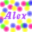 Pixelated image with colorful circles and the name 'Alex' in purple on left, red on right.