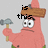 Pixelated pink starfish character with wooden plank on head holds gray hammer, expression shifts across four with changing text overlays
