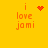 Yellow background with orange text 'i love jami' in four quadrants, each with a different pixelated symbol above the 'i'.