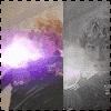 Animated sequence showing a figure with glowing purple and white effects against grayscale background, transitioning through multiple poses.