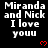 Black background displays repeated white text "Miranda and Nick I love you" with red pixel hearts, some frames show gray rectangle at bottom right.