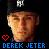 Pixelated portrait of a person wearing dark headgear with white emblem, red heart symbol below left side, and blue text reading 'DEREK JETER' at bottom.