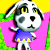 Pixelated cartoon dog with black and white spotted fur, yellow eyes, wearing a blue dress with yellow trim over pink background.