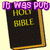 Six identical black books with gold borders labeled 'HOLY BIBLE' in yellow text, overlaid with purple pixelated phrases on a light background.
