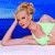 A split-screen buddy icon with a woman in a bikini on the left and green text on a dark background on the right, both rendered in pixelated style.