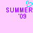 Pixelated 'SUMMER '09' text in purple with a cyan heart symbol above the left side of 'SUMMER', set against a light pink background.