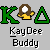 Green 'K' and green triangle flank a pixelated character with brown hair and yellow clothing on gray background with text below.