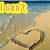 Beach scene with heart drawn in sand, water waves, and yellow text overlays reading 'I can't', 'wait 4', and 'Summer'08'.
