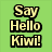 Green background with yellow text reading 'Say Hello Kiwi!' next to a pixelated parrot on brown ground.