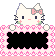 Pixel art of a white cat with pink bow and green accents, framed by pink heart-shaped border on gray background.