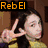 Four show a person with long dark hair in various poses, each displaying 'Reb El' text in different colors