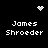 Black background with white pixelated text 'James Shroeder' repeated four times in a , accompanied by two distinct animated dot patterns