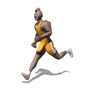 A sequence of four running poses for a muscular figure in yellow athletic wear with white accents, shown against a plain background.