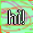 Pixelated green background with pink and orange abstract shapes, featuring bold black-and-white 'hi!' text on the left side of a split frame.