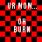 Red and black checkered background with white pixelated text 'UR MOM... OH BURN' in four repeated sections, showing animation frames where the rightmost section's text appears to fade or distort.