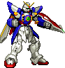 Four pixelated Gundam-style robot poses with blue, red, white, and green color scheme against gray background.