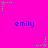 A bright pink background features repeated blue text 'emily' and green star-shaped animations with trailing dots.
