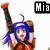 Pixelated anime-style character with blue hair and green eyes holds a large red-and-black weapon above their head against a white background.