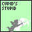 Four- pixel art with light green background showing Cupid's Stupid text variations and a gray angelic figure holding a bow